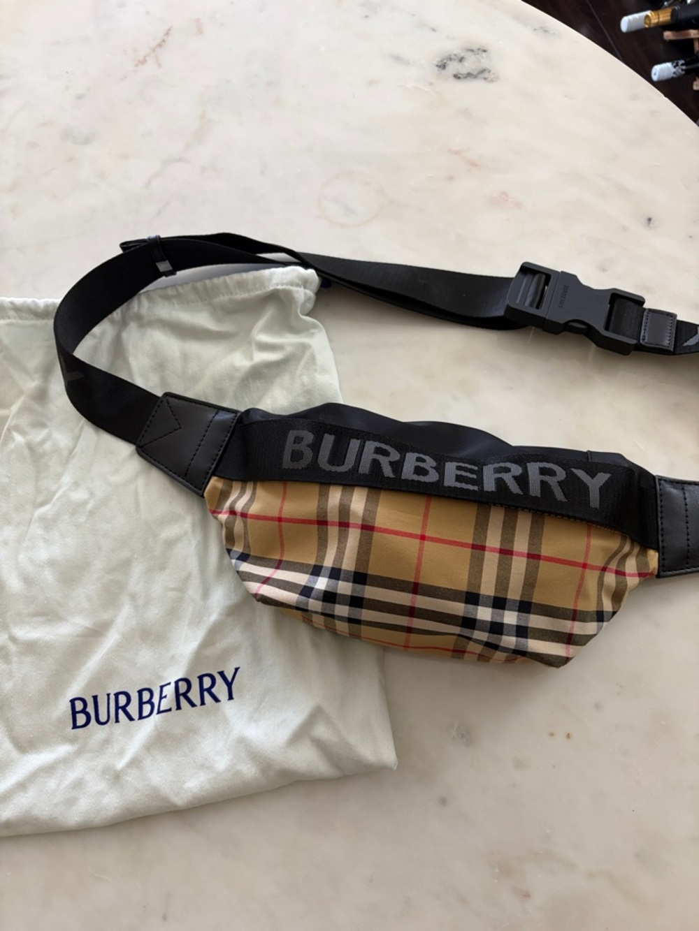 Burberry Tan Check Logo Belt Bag with Black Strap